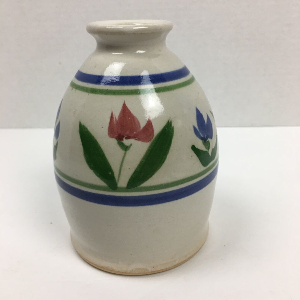 Vintage Stoneware Pottery Hand Painted Floral Vase